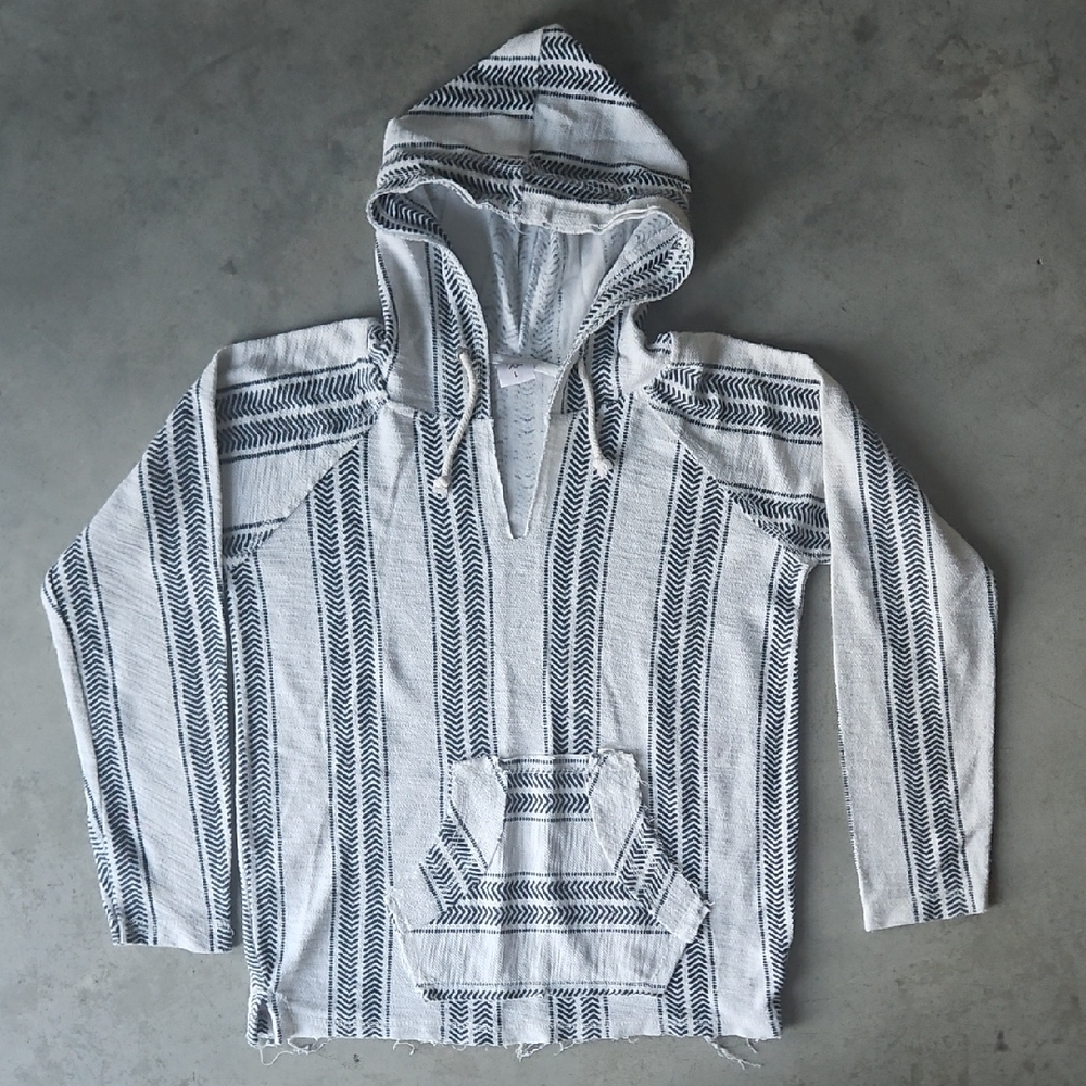 Southwest Mexican Baja Textured Knit Sweater Shirt Cream and Blue/Gray